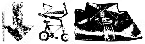 Distressed black and white vector downward arrow, baby stroller, folded shirt. Graphic design elements with halftone texture, isolated foreground, stylized shapes.