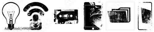 Retro tech symbols including lightbulb, Wi Fi, cassette tape, smartphone, folders, tablet distressed vector for digital design, UI, or nostalgia themes.