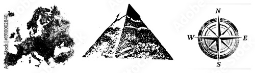 Halftone style vector Europe map, mountain, compass rose., dotted texture, isolated foreground elements. Ideal for UI, print, or educational design.