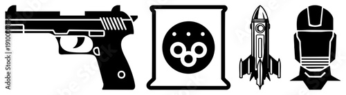 Gun, film reel,, helmet stylized symbols representing action, cinema, space, and protection, rendered in minimalist vector art.