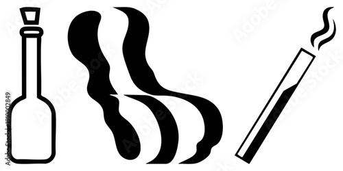 Cigarette emitting smoke, liquor bottle, smoking, alcohol symbol, vector, isolated graphic, cutout design.