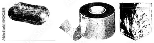 Black and white halftone graphic of household items bar soap, toilet paper, and soap box, rendered with dot, isolated vector art, clean, bathroom essentials.