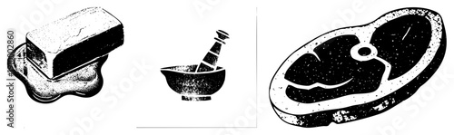 Vintage style halftone graphics of butter pat, mortar pestle, and steak cut, vector, food preparation symbols, culinary tools.