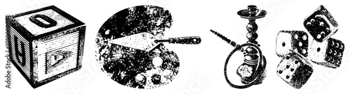 Classic wooden alphabet block, painter’s palette with brush, ornate hookah, scattered dice all rendered in halftone vector art,, retro graphic style.