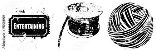 Retro entertainment ticket, celluloid film reel, knitted yarn ball, distressed, vintage graphic design, isolated vector.