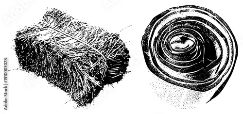 Textured hay bale bound with, rustic agricultural bundle, alongside spiral wood grain, halftone dot shading, vector graphic design.
