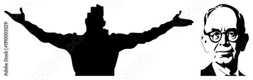 Black silhouette figure with arms wide open, paired with detailed portrait of Walter Cronkite, news anchor, broadcast journalism, historical figure.