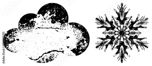 Stylized cloud with speckled texture and symmetrical snowflake, both in vector art, ideal for winter or weather themes, graphic design elements.