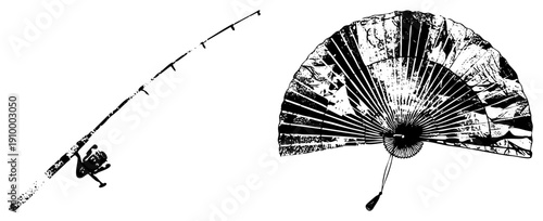 Classic fishing rod with reel and ornate folding fan with mountain print, vector art,, retro aesthetic, isolated objects, decorative accessories.