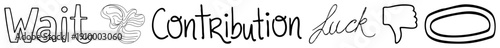 Stylized words “Wait,” “Contribution,” “Luck” with decorative swirl, thumbs down, and oval vector glyphs for UI or motivational design.
