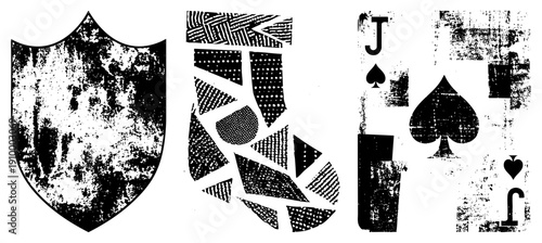 Distressed black and white vector shield, fragmented mosaic foot, playing card jack. Retro, gritty, halftone texture. Ideal for graphic design, tattoos, or vintage branding.