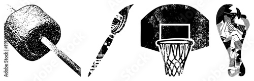 Retro styled halftone graphic set featuring sledgehammer, paintbrush, basketball hoop, and footprint. Grunge texture,, vector art, isolated elements.