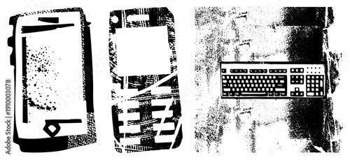 Retro mobile phones with textured screens and keyboards, digital devices with grainy halftone effect, tech nostalgia, pixelated vector art, isolated tech.