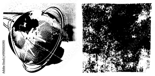 Vintage globe rendered in halftone dots, starburst design, retro print aesthetic, graphic illustration, vector art, abstract earth representation.