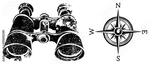 Classic binoculars with textured finish and compass rose, adventure gear, outdoor navigation tools, equipment, travel accessories.