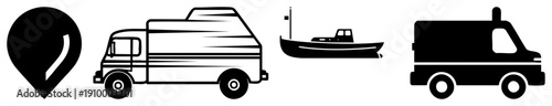 Vector of delivery truck, fishing boat, cargo van, and location pin, minimalist design, transportation symbols, navigation elements.