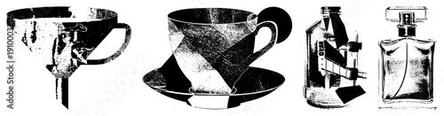 Retro halftone graphic of teacup with saucer, vintage perfume bottle, and flask, vector art, isolated objects, stylized design, graphic illustration.