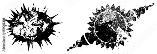 Two stylized symbols with and segmented forms, distressed textures, graphic design elements, vector art, isolated.