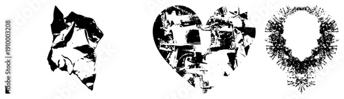 Vector graphic featuring fragmented organic forms, glitch art textures, halftone, stylized silhouettes, digital distortion effects, graphic design elements.