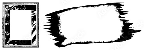 Decorative frame with intricate scrollwork, distressed vintage texture, ink wash border, graphic design element, art frame, retro display border, black and white vector cutout.