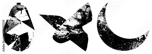 Three stylized abstract forms with halftone and distressed texture, vector art, graphic design elements, composition, isolated symbols.