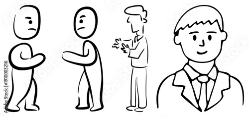 Minimalist art figures showing frustration, anger, applause, and professional demeanor, vector characters, isolated for UI or comics.
