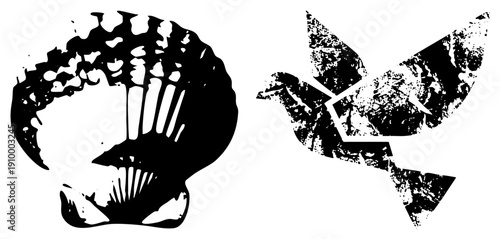 Black vector featuring a scallop and, both with distressed texture, symbolic of peace and marine life, isolated graphic elements.