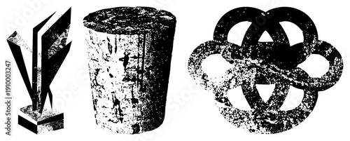 Three stylized abstract forms angular sculpture, rough textured cylinder, interlocking knot, all rendered in halftone dot style, vector graphic, isolated foreground elements.