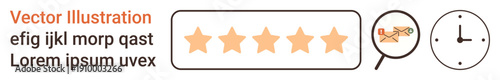 Customer feedback, online reviews, rating systems, productivity measurement, service quality assessment, user satisfaction. Five-star rating with icons of feedback and a clock. Customer feedback