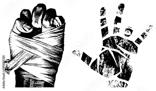 Bandaged clenched fist symbolizing injury or restraint, alongside fragmented hand with gritty texture, both rendered in stark black and white halftone style.