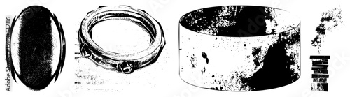 Vectorized mechanical rendered in halftone, industrial gears, cylindrical shafts, bolted rings, abstract machinery, technical illustration, mechanical design.
