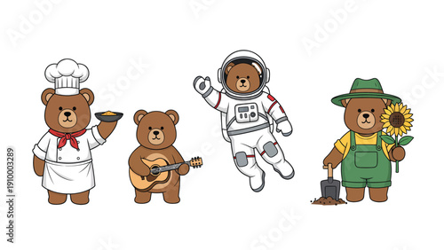 Adorable Cartoon Bear Characters: Chef, Musician, Astronaut, Gardener Professions Set