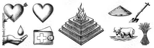 Classic engraved heart pierced by arrow, medical wallet, flame altar, ox, rice sheaf symbolic vector illustrations, halftone texture,, isolated elements.