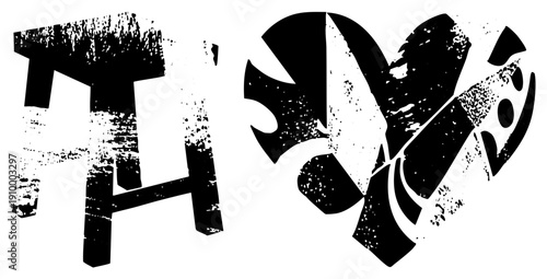 Black stencil style Cyrillic letter Д with distressed texture, paired with fragmented heart glyph, graphic art, vector typography, urban graffiti aesthetic, isolated symbols.