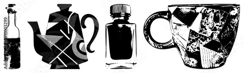 Abstract halftone teapot, coffee mug, ink bottle, and glass bottle, stylized vector art, black and white, graphic design elements.