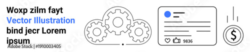 Business processes, automation, social media, revenue, technology, concepts. Three gears, a social media post layout and a dollar coin graphic. Process automation and social media engagement concept