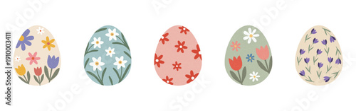 Easter eggs set with floral pattern in hand drawn vector style with pastel colors