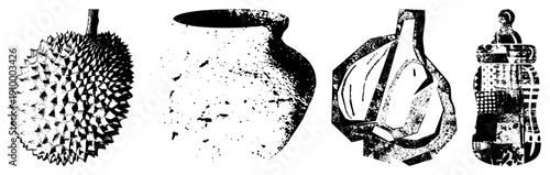 Stylized of durian fruit, ceramic vase, garlic bulb, and baby bottle, rendered in halftone dot and geometric for graphic design use.