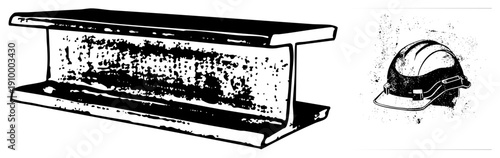 Rusty I beam structural steel with textured corrosion, construction hard hat with brim and straps, industrial safety gear, black and white halftone style, engineering materials.