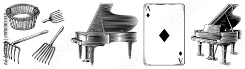 Hand drawn farm tools including basket, pitchforks, piano, and Ace of Diamonds playing card, rendered in halftone style with clean and isolated elements.