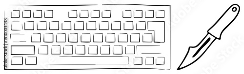 Computer keyboard and knife graphic, digital illustration, cyber threat symbol, hacking tools, security breach, tech danger motif.