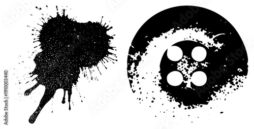 Graphic design elements featuring ink splatter and film reel, grunge texture, vector art, black and white, creative assets, motion symbols.