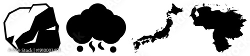 Vector showing rock formation, rainy cloud, Japan geography, Venezuela map, isolated shapes, flat design, minimalist symbols.