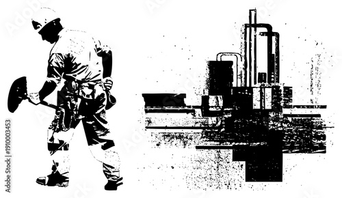 Laborer in hard hat and overalls digging with shovel beside heavy equipment, construction site, manual labor, industrial digger, earth mover, site worker, excavation crew.