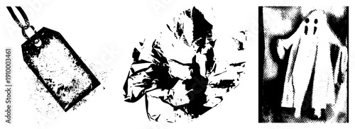 Retro price tag with chain, textured crumpled paper, spooky ghost, vector, isolated elements for design.