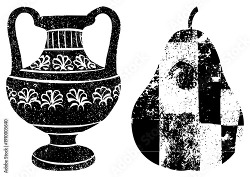 Classic amphora vase with motifs and pear fruit with distressed texture, both rendered in high contrast vector art, ideal for graphic design or print.