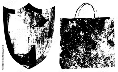 Weathered shield emblem and tote bag with gritty halftone texture, retro graphic design, vector art, isolated symbols.