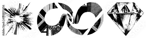 Four stylized vector explosive burst, infinity loop, faceted diamond., halftone textures, graphic design elements.