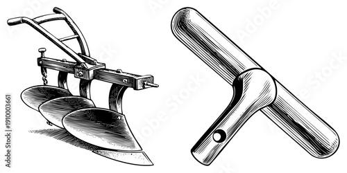 Hand drawn agricultural plow with curved blades and wooden handles, paired with T shaped window squeegee, both rendered in detailed halftone shading.