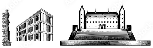 Black and white architectural illustrations featuring a clock tower, modern building, and fortified, rendered in halftone dot, ideal for vintage or technical design contexts.